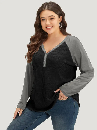 Waffle Knit Raglan Sleeve Metal Buckle Detail T-Shirt