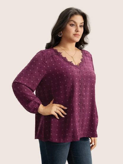 Plisse Eyelet Lace Elastic Cuffs Blouse