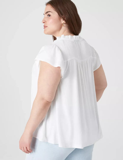 Flutter-Sleeve Woven Satin & Knit Top