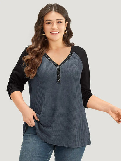 Waffle Knit Raglan Sleeve Metal Buckle Detail T-Shirt