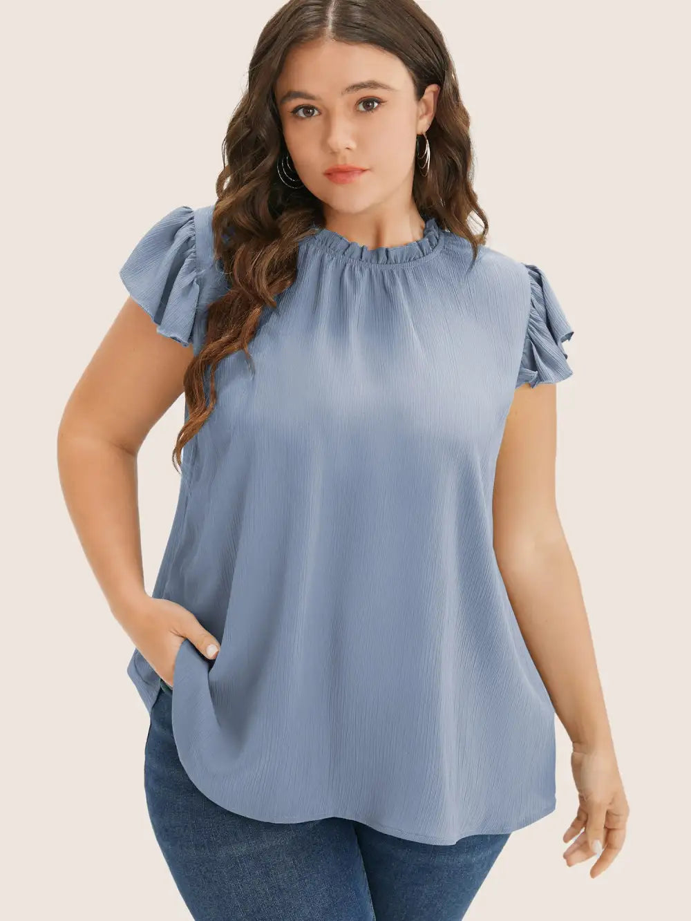 Plain Mock Neck Cap Sleeve Ruffle Trim Blouse