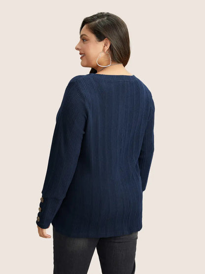 Rib Knit V Neck Button Detail T-Shirt