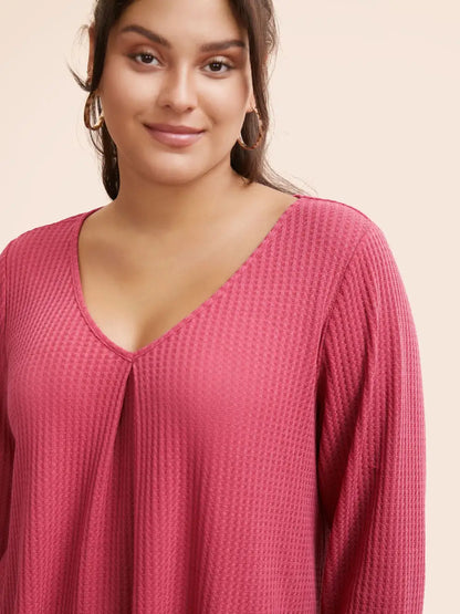 Plain Waffle Knit Scoop Neck Plicated Detail T-Shirt