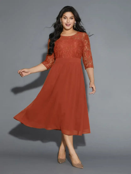 Lace Patchwork Shirred Midi Pocket Dress