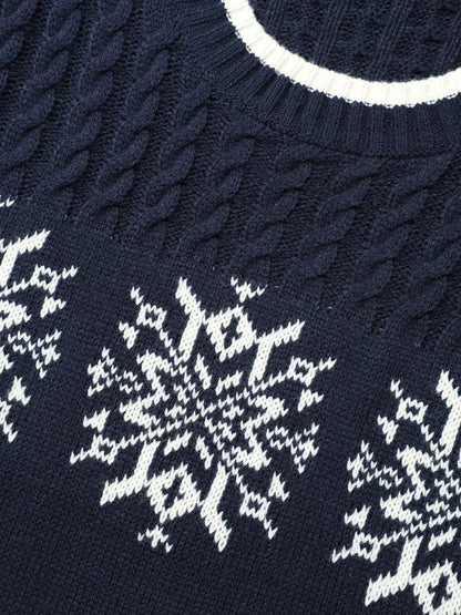 Snowflakes Pattern Contrast Round Neck Pullover