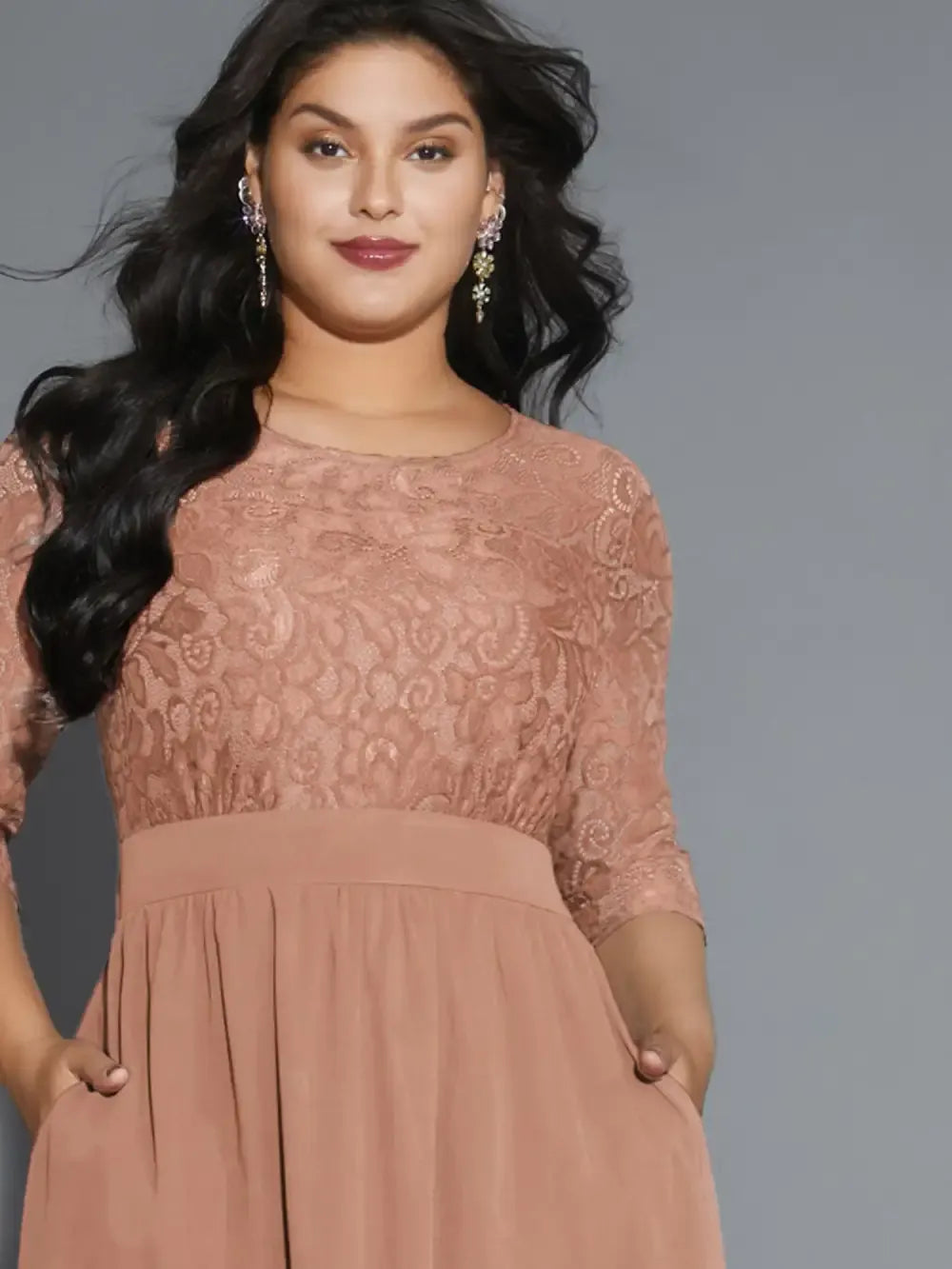 Lace Patchwork Shirred Midi Pocket Dress