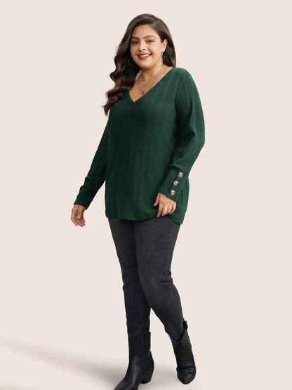 Rib Knit V Neck Button Detail T-Shirt