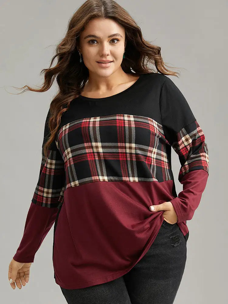 Plaid Contrast Patchwork Round Neck T-Shirt