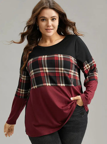 Plaid Contrast Patchwork Round Neck T-Shirt