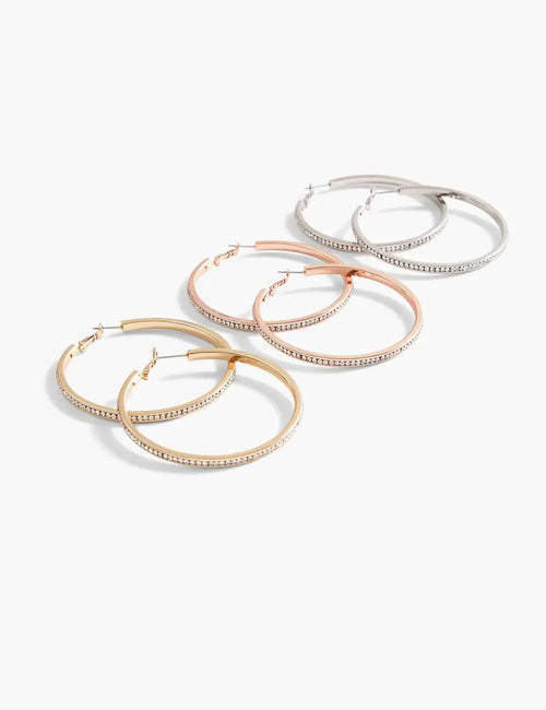 Pave Stone Hoop Earrings 3-Pack - Tri-Tone