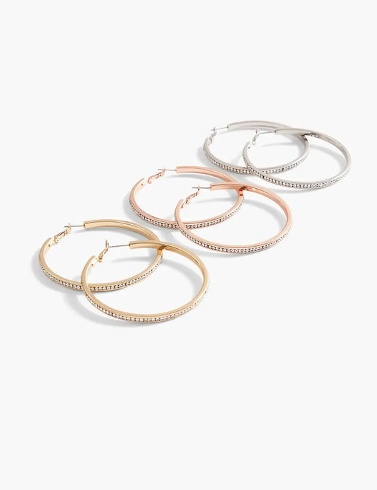 Pave Stone Hoop Earrings 3-Pack - Tri-Tone