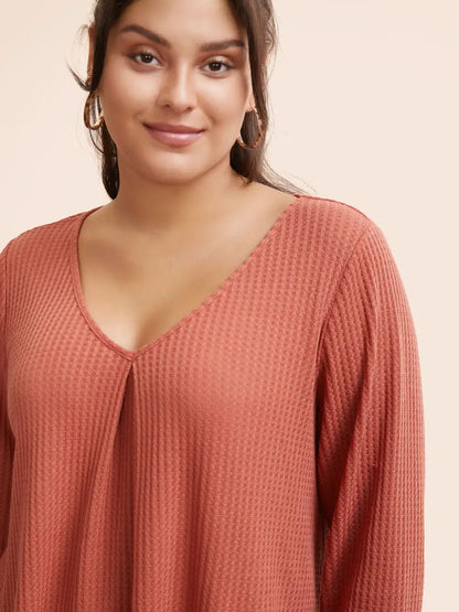 Plain Waffle Knit Scoop Neck Plicated Detail T-Shirt