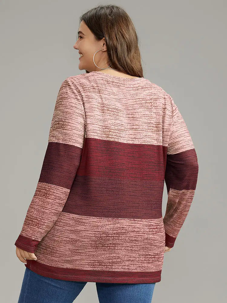 Striped Colorblock Contrast V Neck T-Shirt