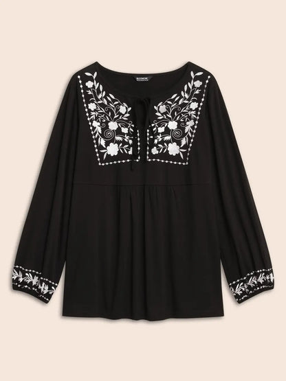Floral Embroidered Knot Neck Lantern Sleeve T-Shirt