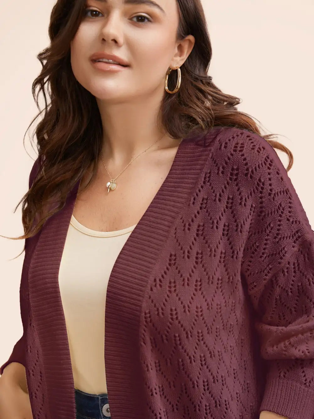 Kimono Collar Patch Pocket Pointelle Knit Cardigan