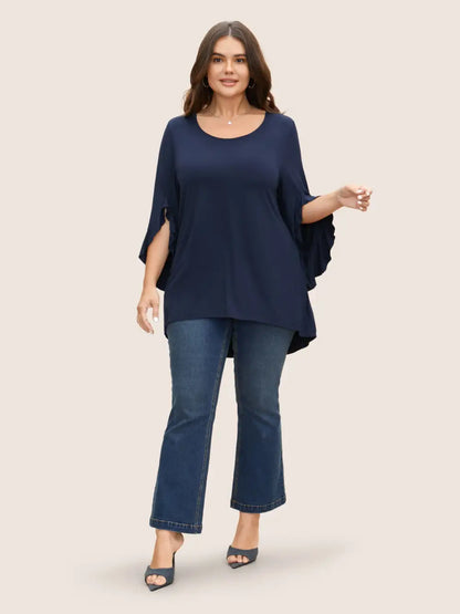 Solid Ruffle Sleeve High Low Hem T-Shirt