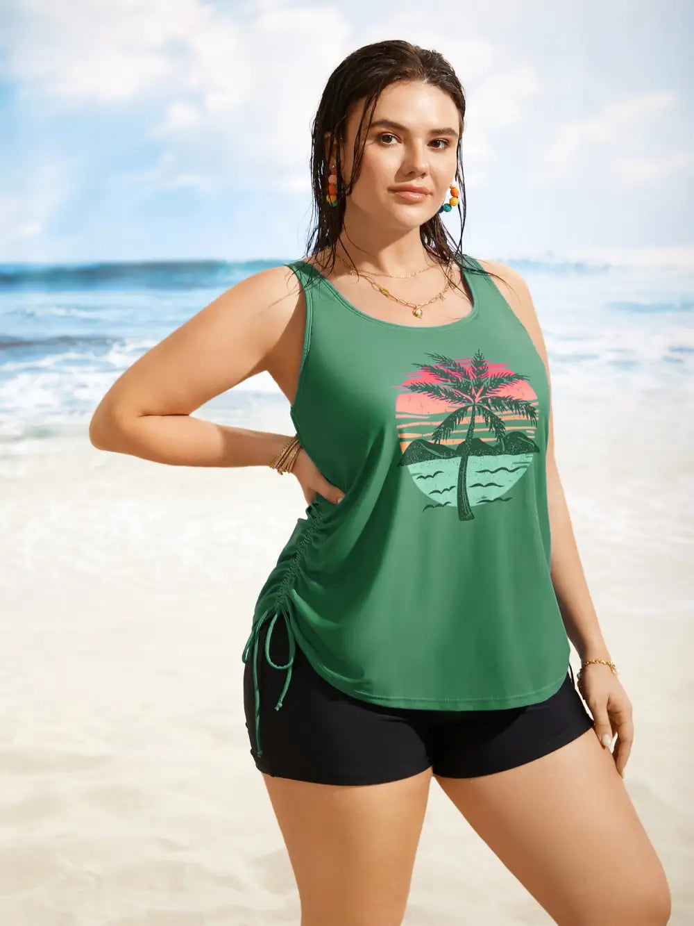 Crew Neck Contrast Tropical Print Drawstring Swim Top