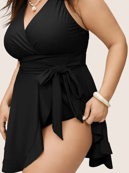 Plain Ties Wrap Flutters Swim Dress