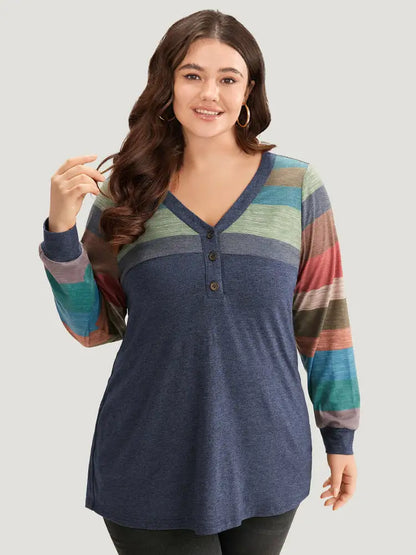 Colorblock Contrast V Neck Button Up T-Shirt