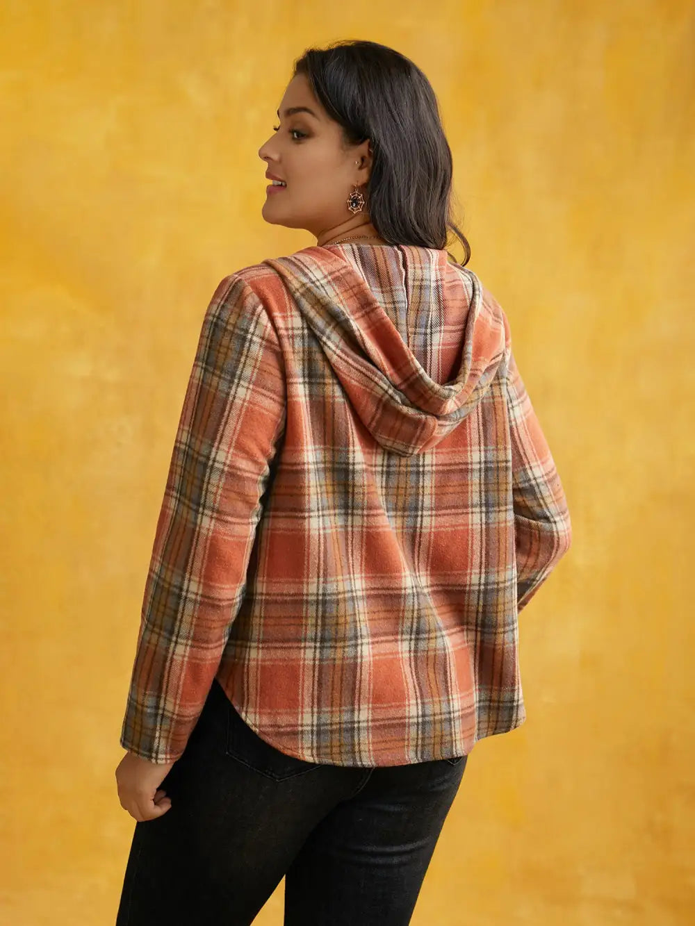 Brushed Fabric Plaid Hooded Sweatshirt