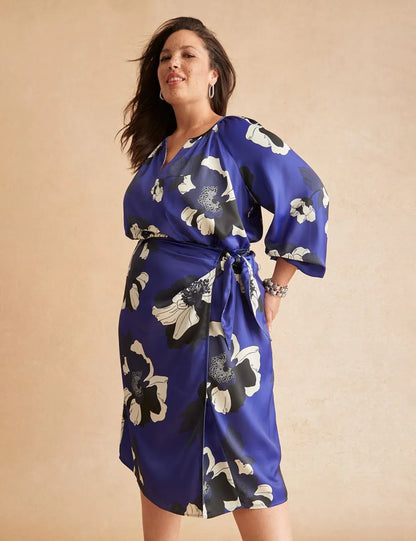 Notch-Neck Faux-Wrap Midi Dress