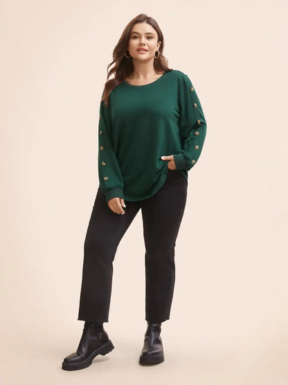 Crew Neck Patchwork Button Detail Sweatshirt