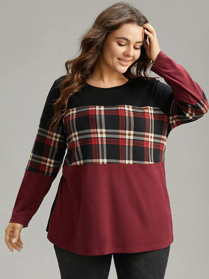 Plaid Contrast Patchwork Round Neck T-Shirt