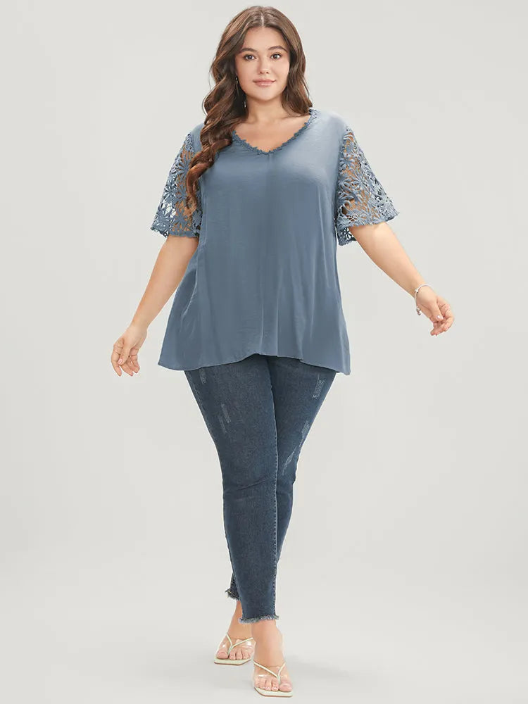 Plain V Neck Floral Patchwork Blouse