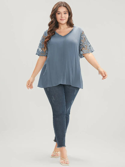 Plain V Neck Floral Patchwork Blouse