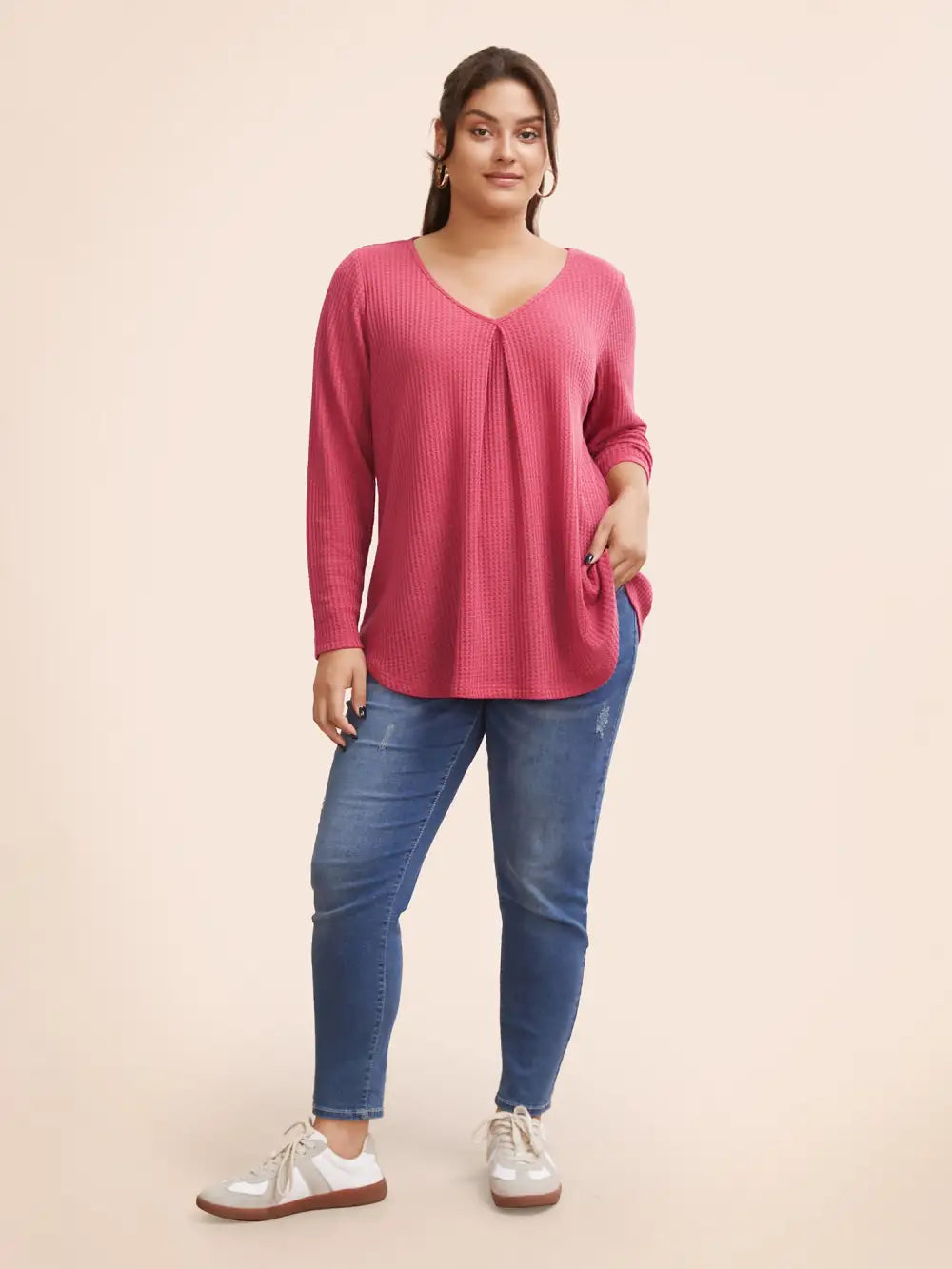 Plain Waffle Knit Scoop Neck Plicated Detail T-Shirt