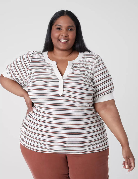 Elbow Puff-Sleeve Henley Rib Tee