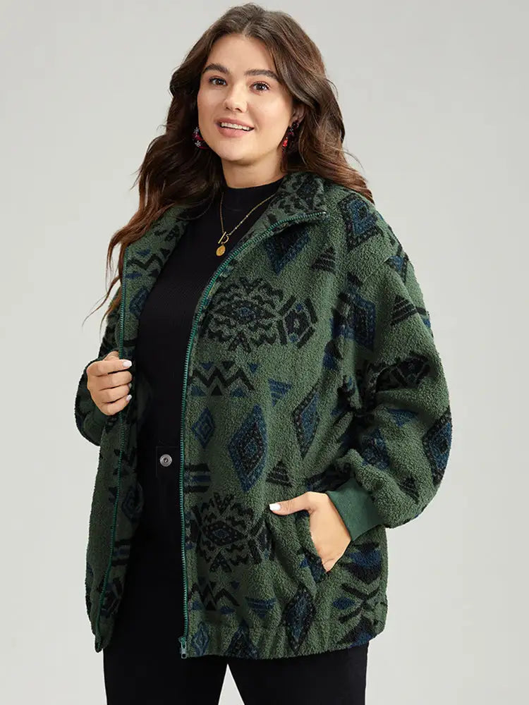 Geometric Pocket Gathered Zipper Jacket