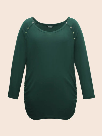 Plain Gathered Button Detail T-Shirt