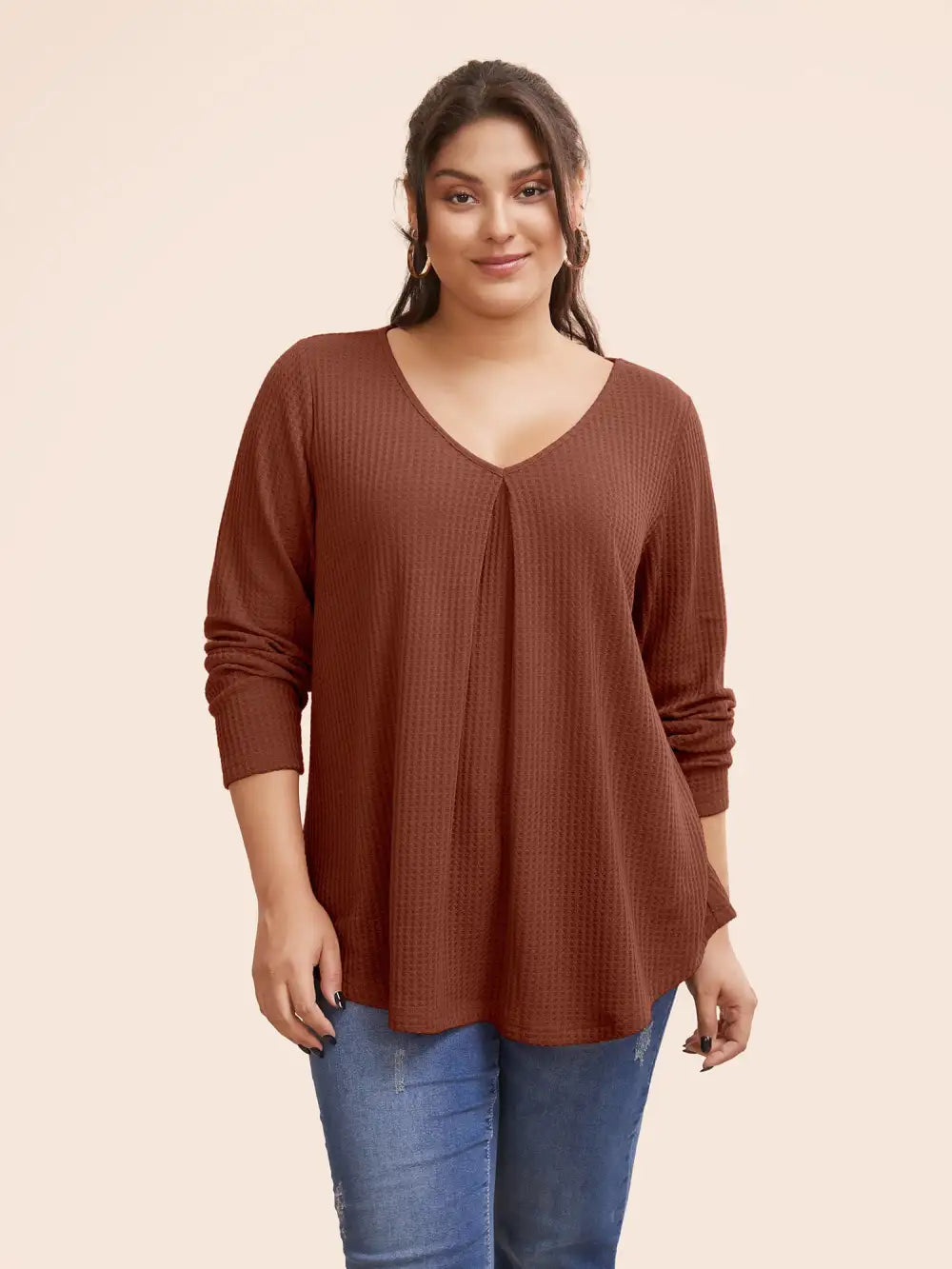 Plain Waffle Knit Scoop Neck Plicated Detail T-Shirt