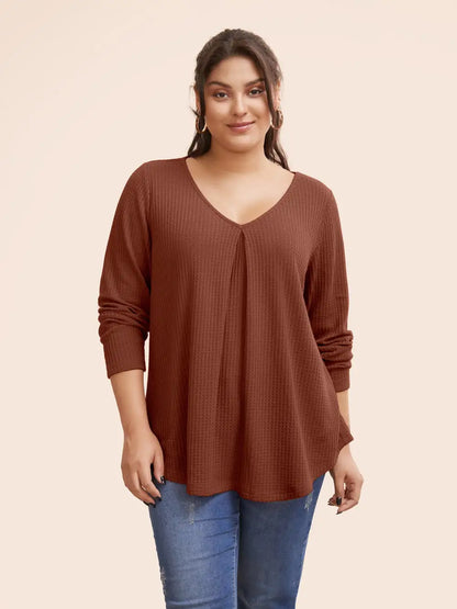 Plain Waffle Knit Scoop Neck Plicated Detail T-Shirt