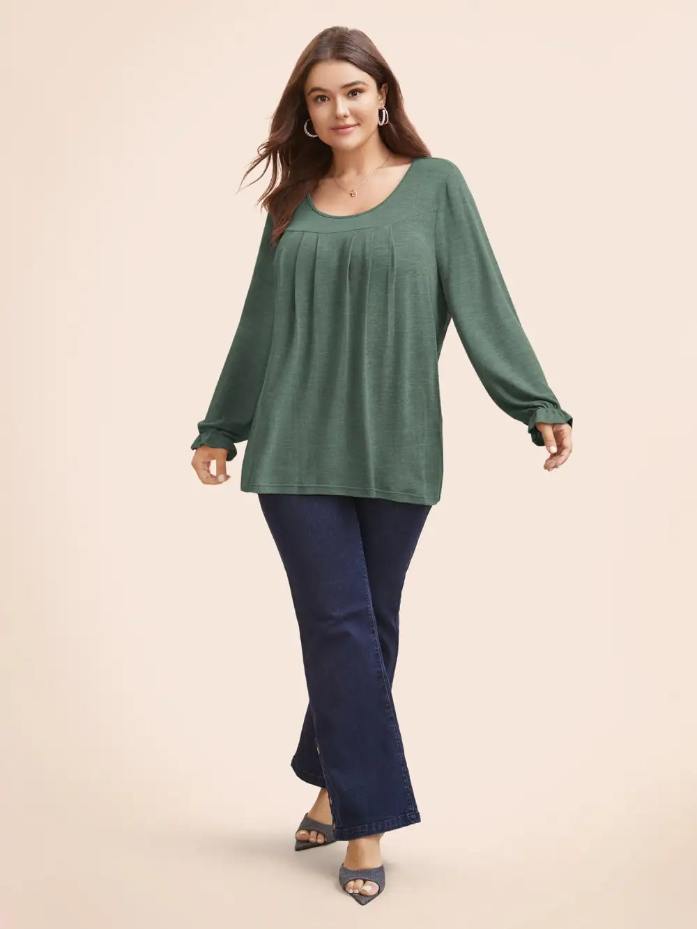 Round Neck Heather Pleated T-Shirt