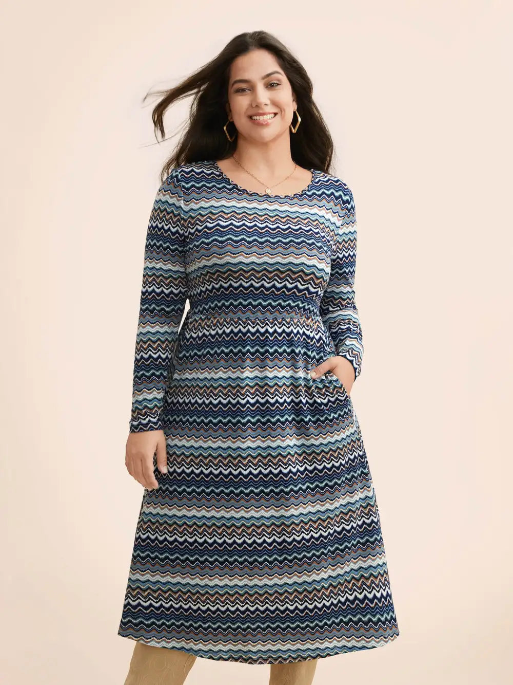 Contrast Striped Crew Neck Midi Knit Dress