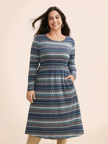 Contrast Striped Crew Neck Midi Knit Dress