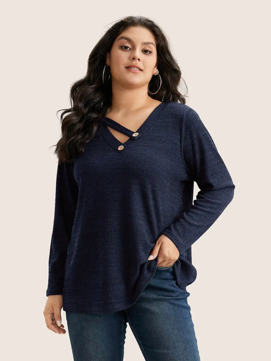 Solid Rib Knit Button Detail T-Shirt