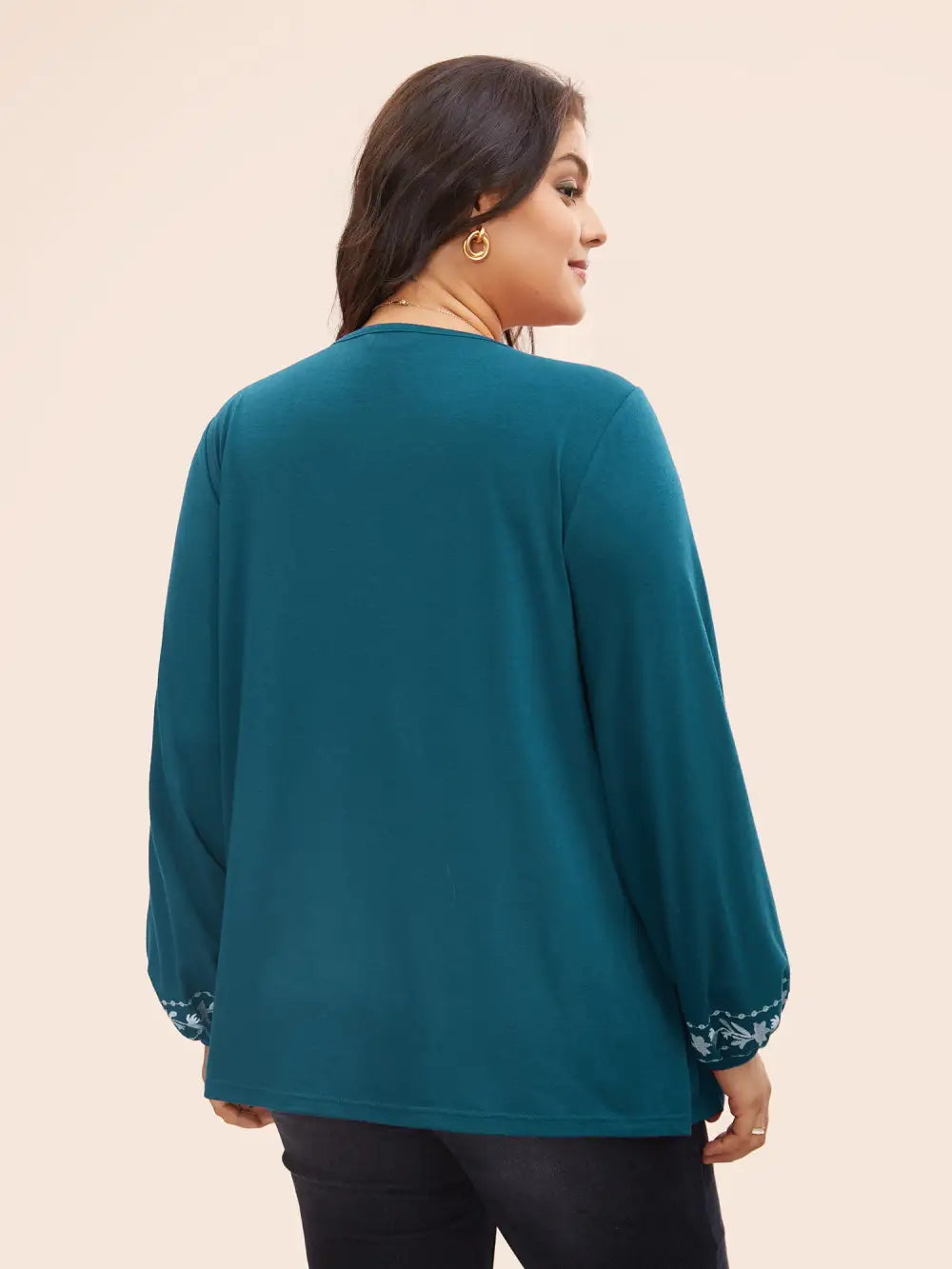 Floral Embroidered Knot Neck Lantern Sleeve T-Shirt