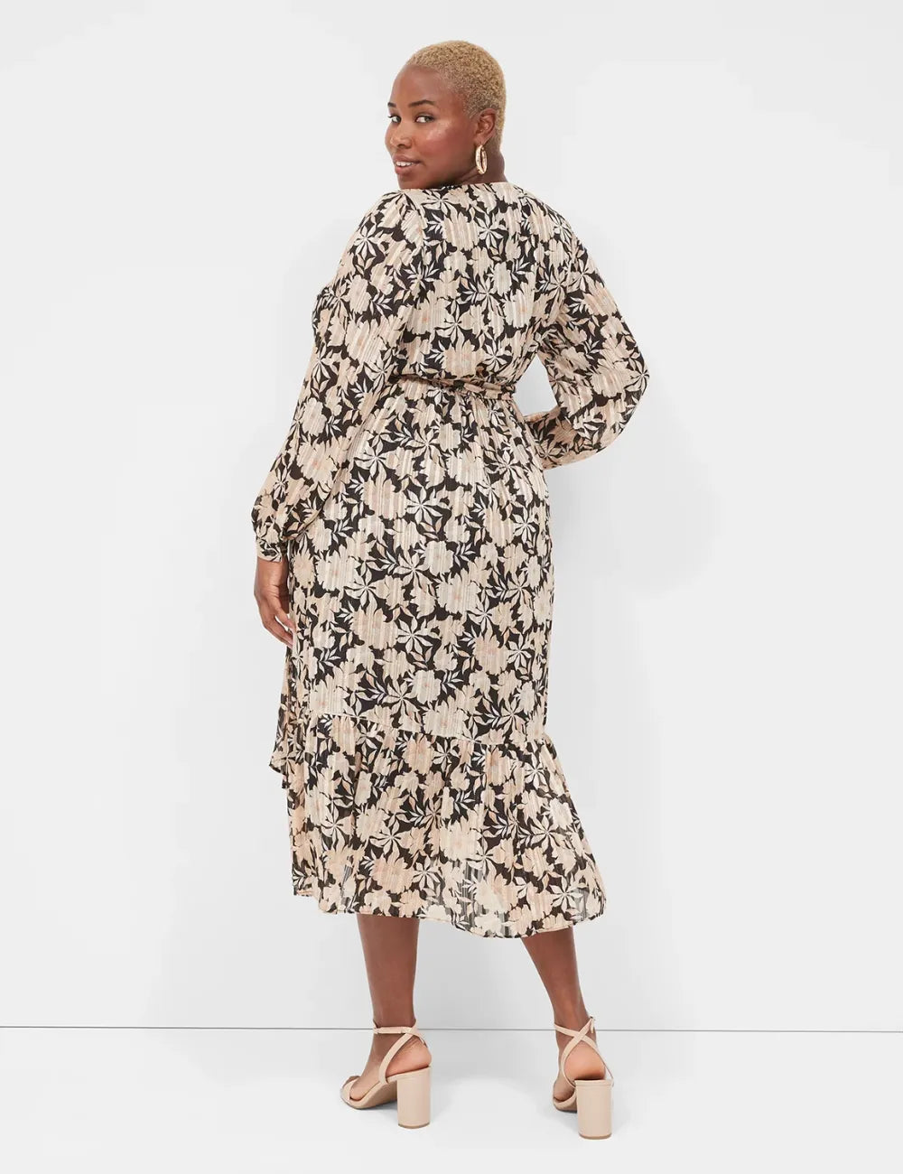 Lurex Cuff-Sleeve Tiered Midi Dress