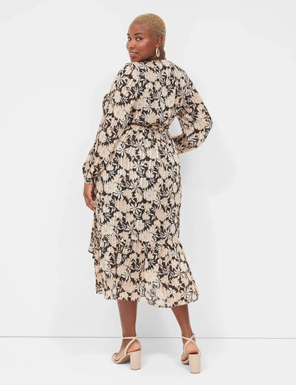 Lurex Cuff-Sleeve Tiered Midi Dress