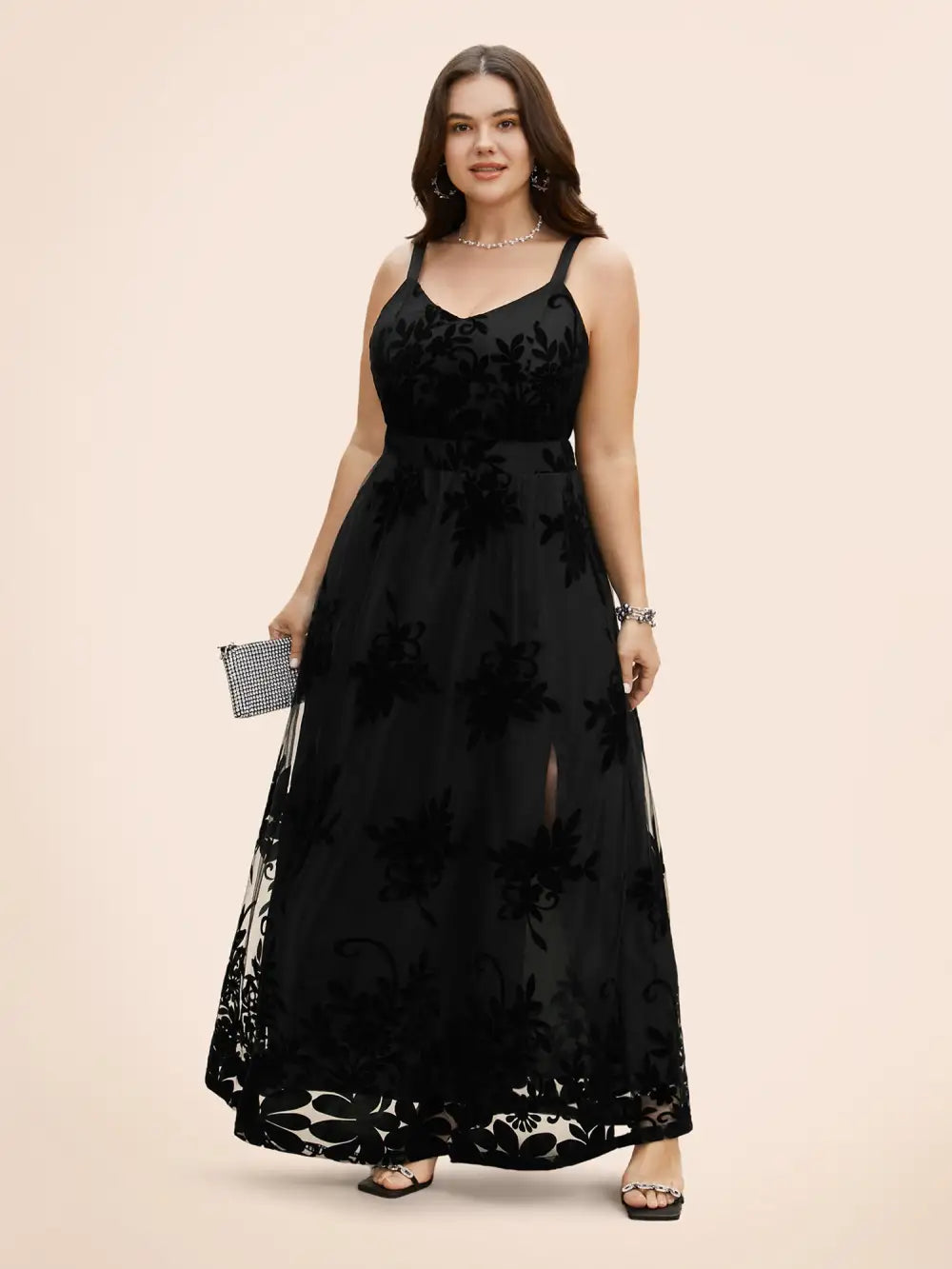 Floral Flocked Tulle Split Hem Dress