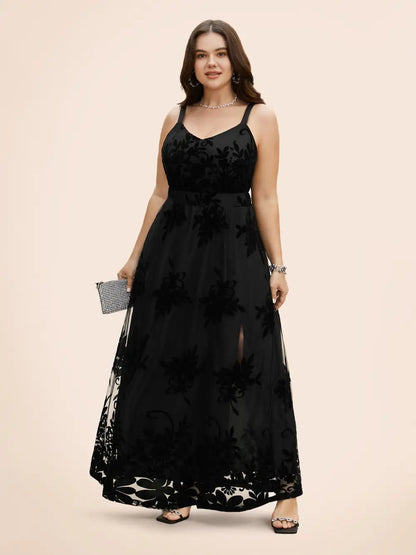 Floral Flocked Tulle Split Hem Dress