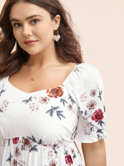 Floral Print Square Neck Gathered Puff Sleeve Blouse