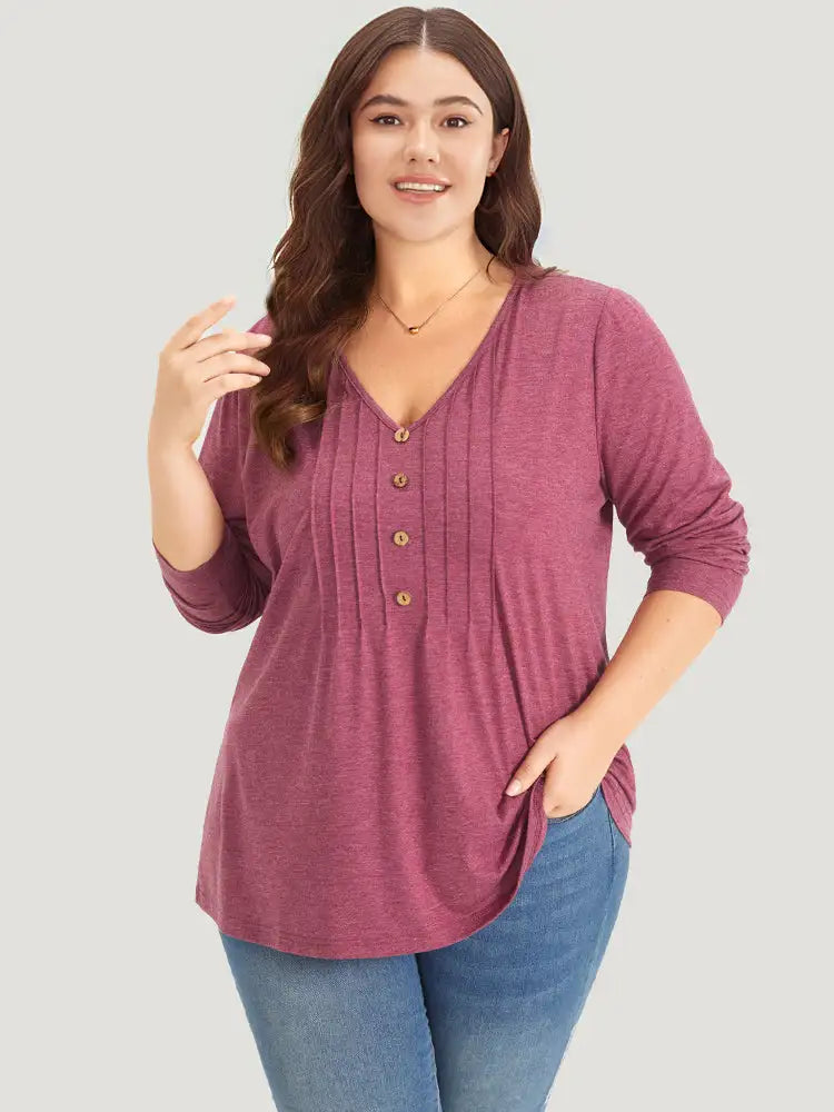 Plain V Neck Line Button Detail T-Shirt
