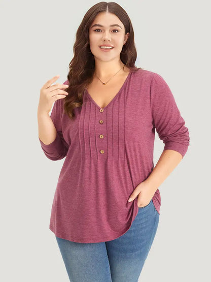 Plain V Neck Line Button Detail T-Shirt