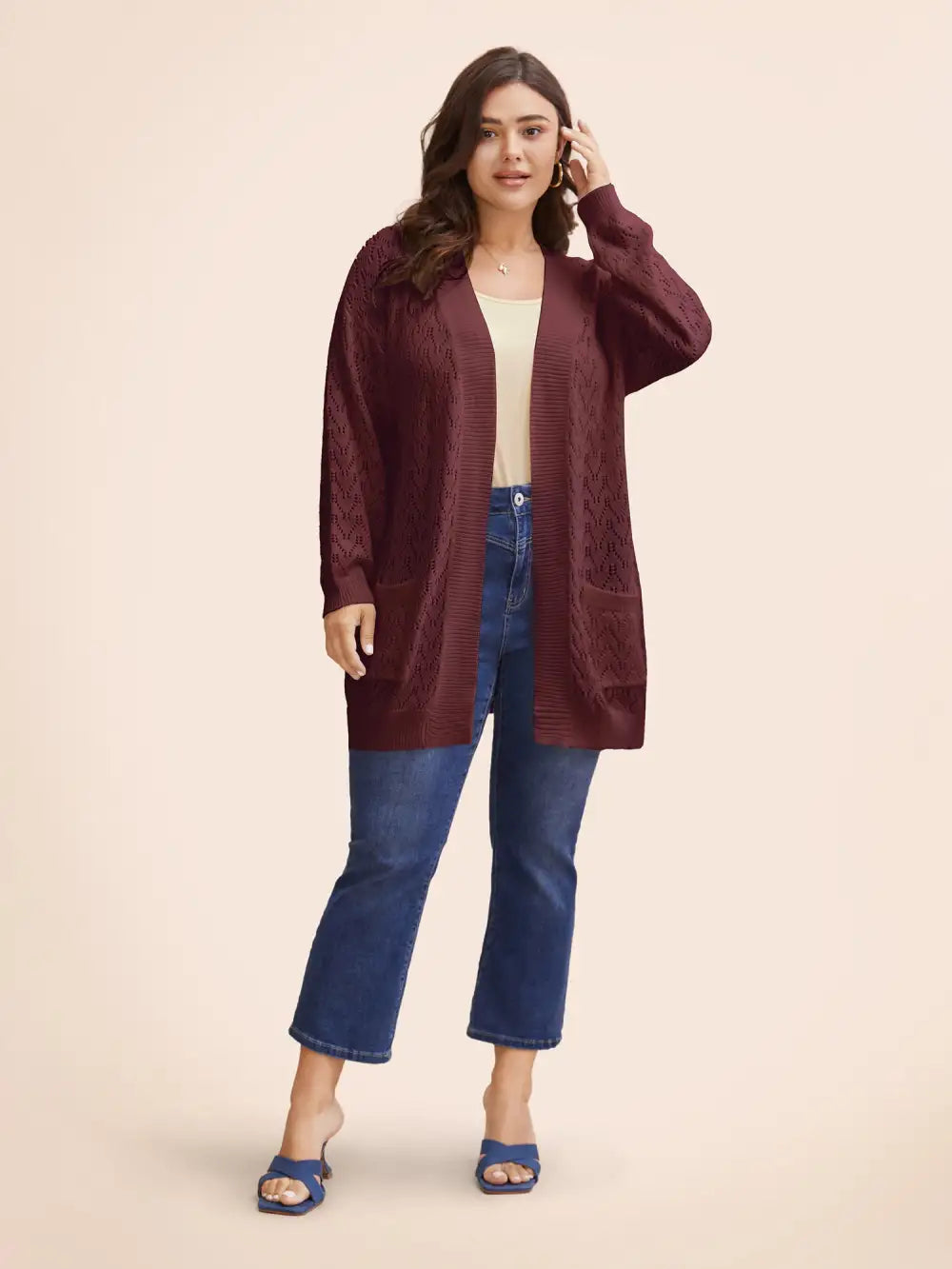 Kimono Collar Patch Pocket Pointelle Knit Cardigan