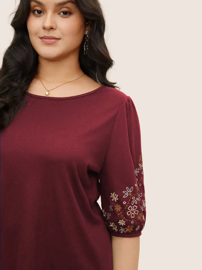 Floral Embroidered Crew Neck Puff Sleeve T-Shirt