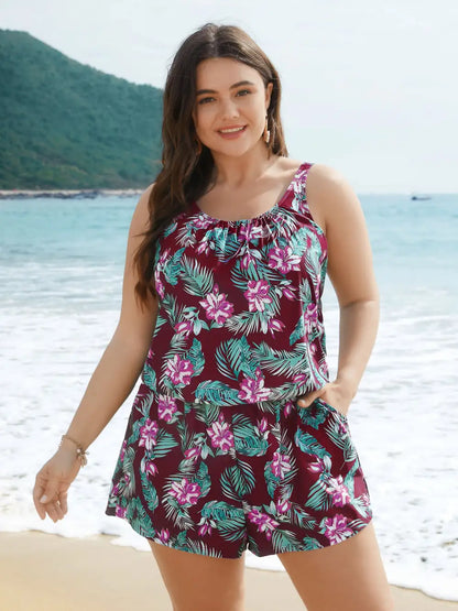Tropical Flower Print Pockets One-Piece Swimsuit